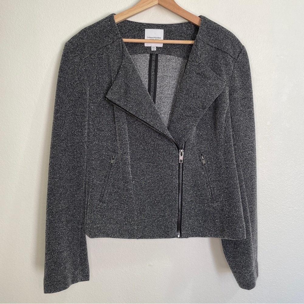 Catherine Malandrino Runway Style Tweed Moto Style Blazer Jacket - Gray